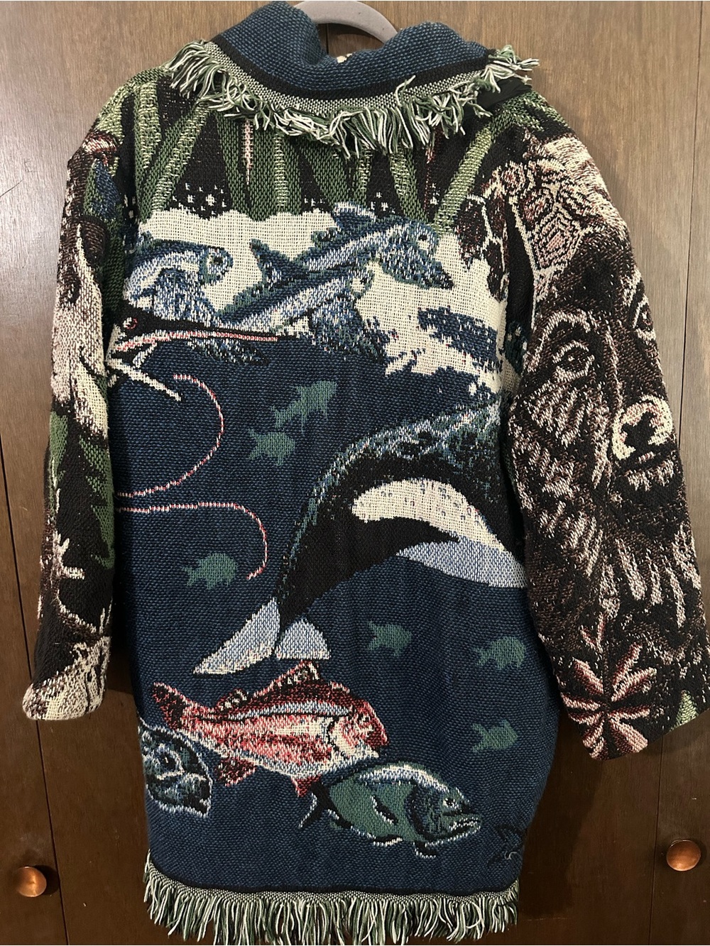 Handmade Fringed Boho Blanket Tapestry Knit Cardigan Blue & Green Animals Sz XL - Picture 10 of 16